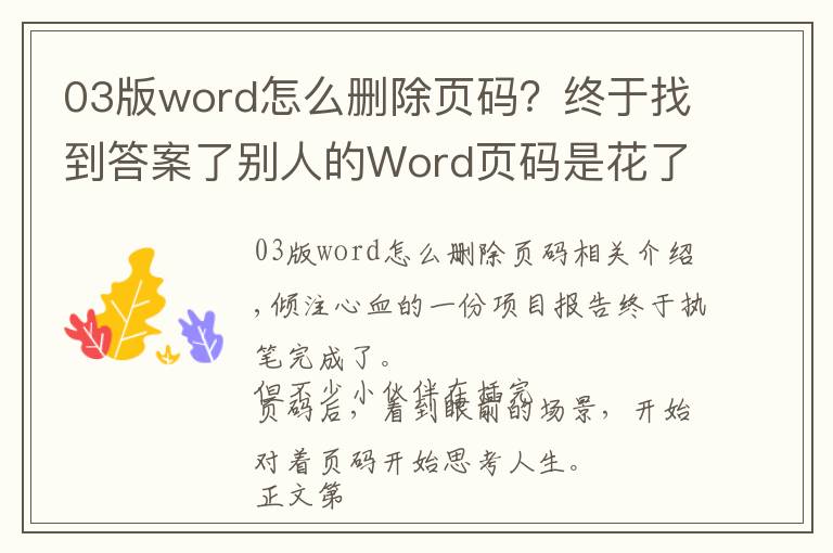 03版word怎么刪除頁碼？終于找到答案了別人的Word頁碼是花了一小時(shí)做好的，而我只用了三分鐘