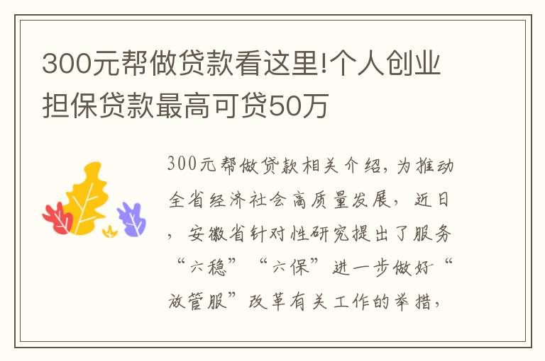 300元幫做貸款看這里!個(gè)人創(chuàng)業(yè)擔(dān)保貸款最高可貸50萬