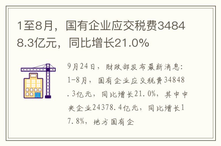 1至8月，國有企業(yè)應(yīng)交稅費(fèi)34848.3億元，同比增長21.0%