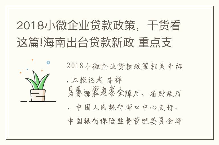 2018小微企業(yè)貸款政策，干貨看這篇!海南出臺貸款新政 重點支持小微企業(yè)