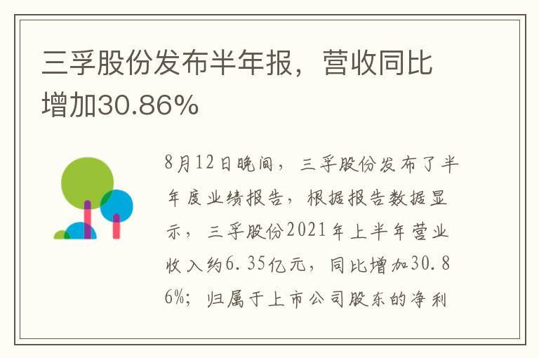 三孚股份發(fā)布半年報，營收同比增加30.86%