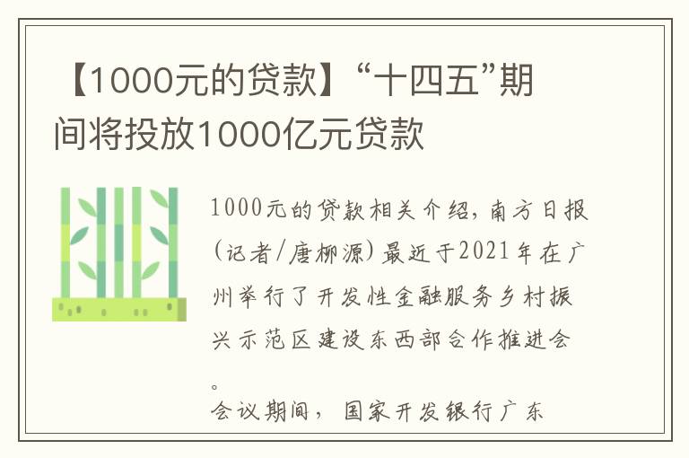 【1000元的貸款】“十四五”期間將投放1000億元貸款