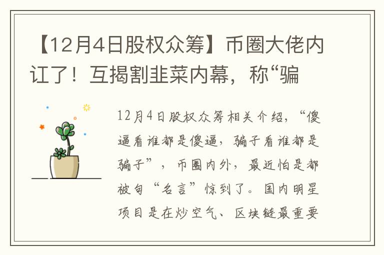 【12月4日股權(quán)眾籌】幣圈大佬內(nèi)訌了！互揭割韭菜內(nèi)幕，稱“騙子看誰都是騙子”，被揭底褲的大佬們紛紛還擊