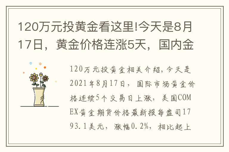 120萬元投黃金看這里!今天是8月17日，黃金價(jià)格連漲5天，國內(nèi)金店最新金價(jià)多少錢一克？