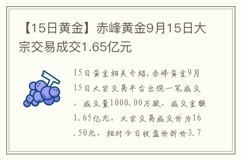 【15日黃金】赤峰黃金9月15日大宗交易成交1.65億元