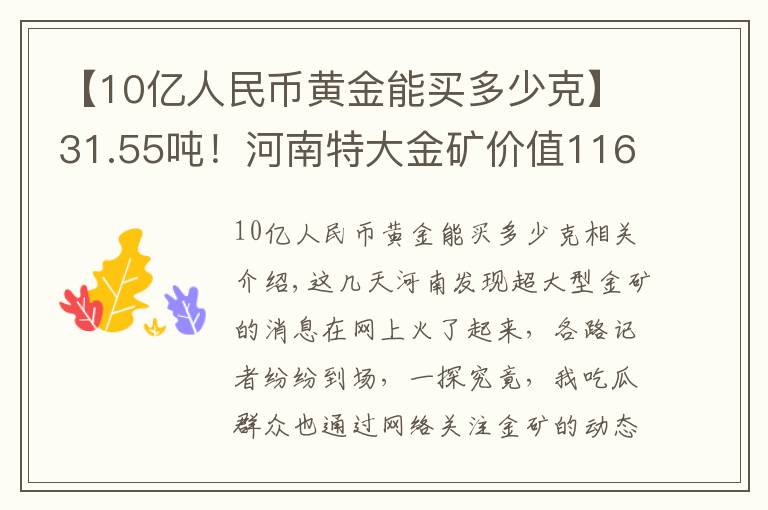 【10億人民幣黃金能買多少克】31.55噸！河南特大金礦價(jià)值116億，金價(jià)會(huì)因此暴跌嗎？