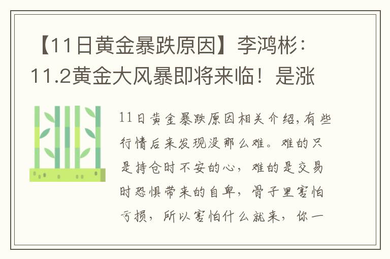 【11日黃金暴跌原因】李鴻彬：11.2黃金大風(fēng)暴即將來臨！是漲還是跌？走勢(shì)分析