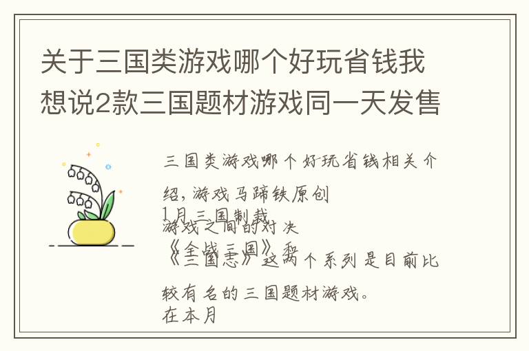 關(guān)于三國類游戲哪個(gè)好玩省錢我想說2款三國題材游戲同一天發(fā)售！結(jié)果評(píng)價(jià)卻是兩個(gè)極端