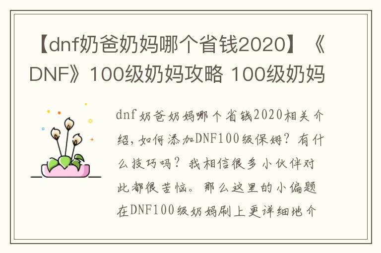 【dnf奶爸奶媽哪個(gè)省錢2020】《DNF》100級(jí)奶媽攻略 100級(jí)奶媽加點(diǎn)技巧指南詳覽