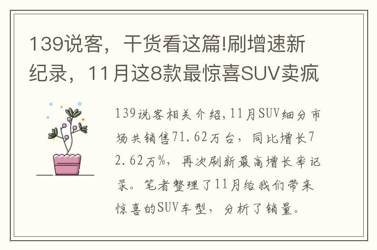 139說客，干貨看這篇!刷增速新紀(jì)錄，11月這8款最驚喜SUV賣瘋了