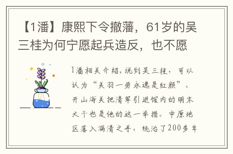 【1潘】康熙下令撤藩，61歲的吳三桂為何寧愿起兵造反，也不愿做富家翁？