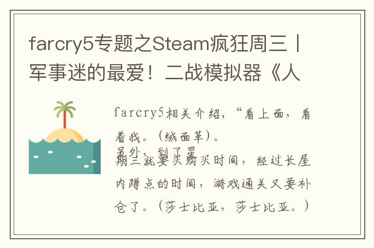 farcry5專題之Steam瘋狂周三丨軍事迷的最愛(ài)！二戰(zhàn)模擬器《人間地獄》限時(shí)八折