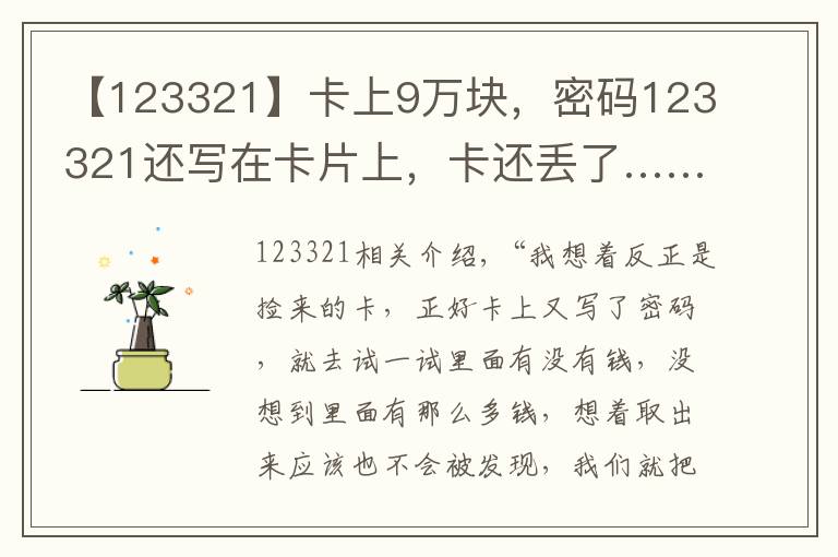 【123321】卡上9萬塊，密碼123321還寫在卡片上，卡還丟了……賊說：不取白不取