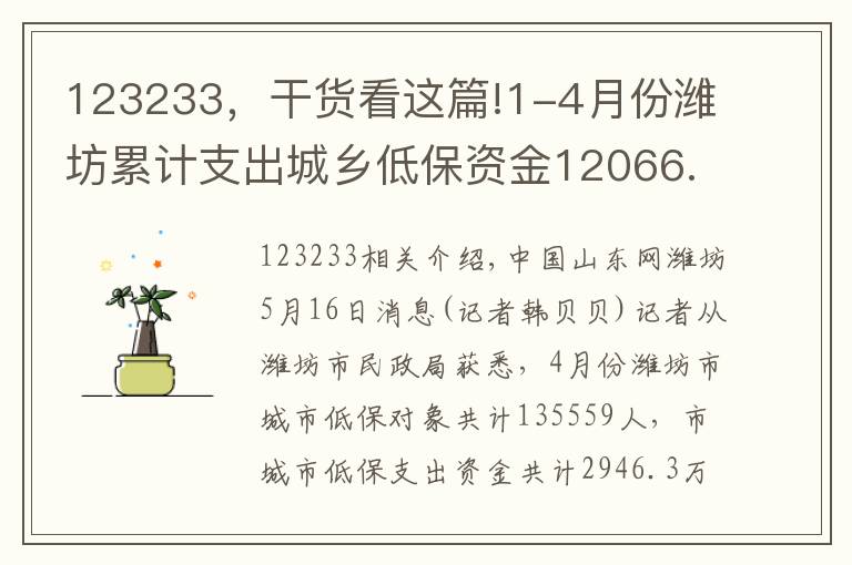 123233，干貨看這篇!1-4月份濰坊累計支出城鄉(xiāng)低保資金12066.4萬元