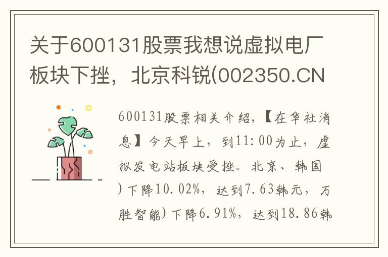 關(guān)于600131股票我想說(shuō)虛擬電廠板塊下挫，北京科銳(002350.CN)跌10.02%