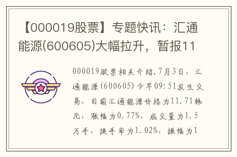 【000019股票】專題快訊：匯通能源(600605)大幅拉升，暫報11.71元