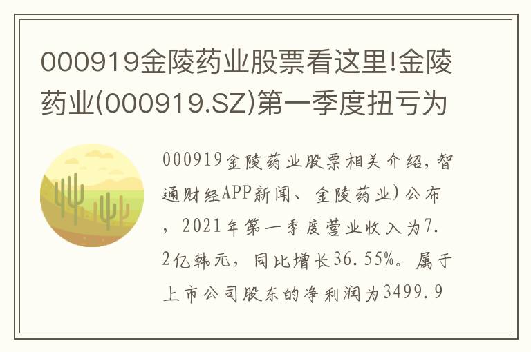 000919金陵藥業(yè)股票看這里!金陵藥業(yè)(000919.SZ)第一季度扭虧為盈 歸母凈利為3499.96萬元