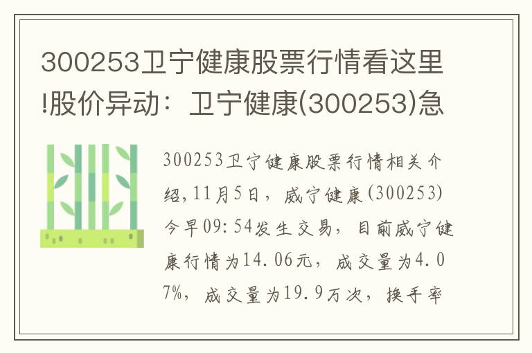 300253衛(wèi)寧健康股票行情看這里!股價異動：衛(wèi)寧健康(300253)急速拉升，成交量放大