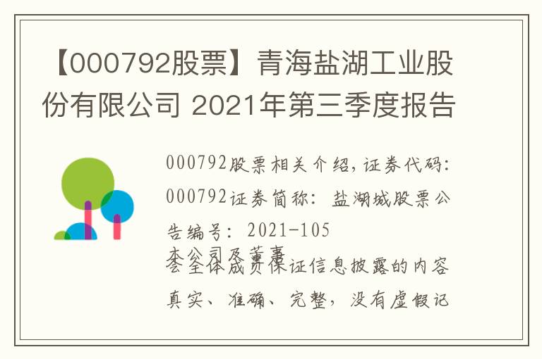 【000792股票】青海鹽湖工業(yè)股份有限公司 2021年第三季度報告