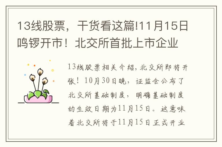 13線股票，干貨看這篇!11月15日鳴鑼開市！北交所首批上市企業(yè)或達(dá)82家 近七成三季報(bào)報(bào)喜