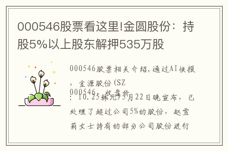 000546股票看這里!金圓股份：持股5%以上股東解押535萬股