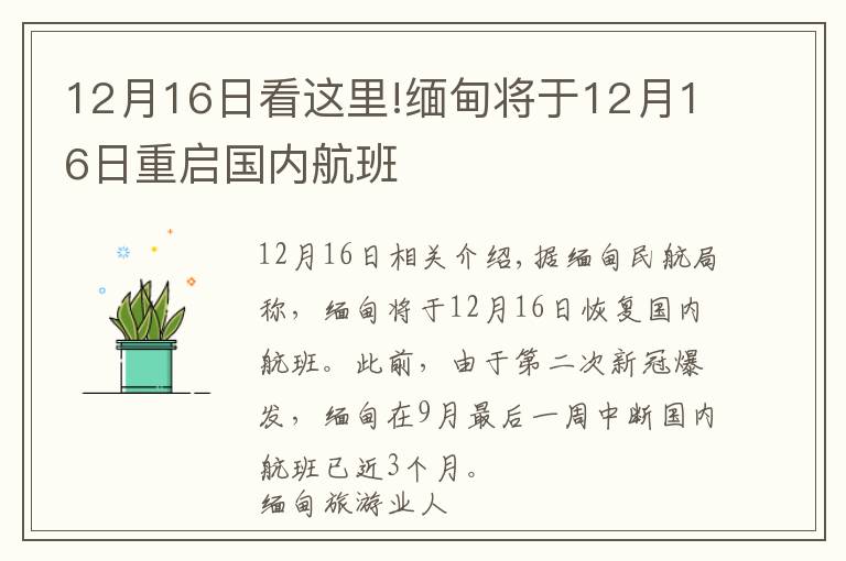 12月16日看這里!緬甸將于12月16日重啟國內(nèi)航班