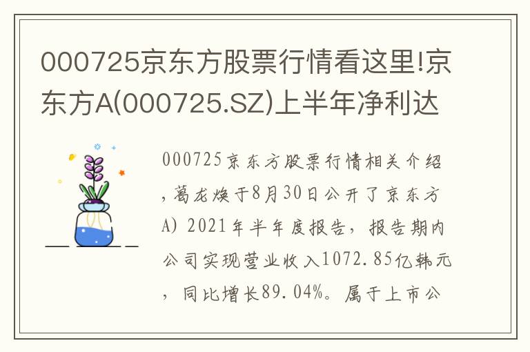 000725京東方股票行情看這里!京東方A(000725.SZ)上半年凈利達127.62億元 同比增長1023.96%