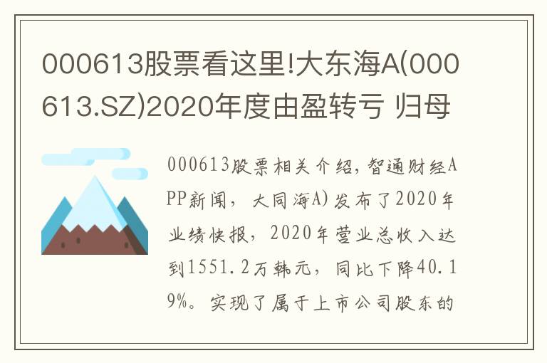 000613股票看這里!大東海A(000613.SZ)2020年度由盈轉(zhuǎn)虧 歸母凈虧損為1156.79萬元