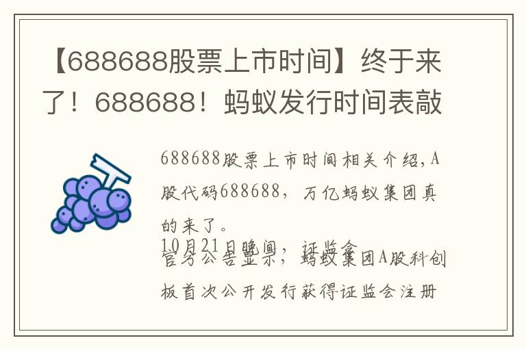 【688688股票上市時間】終于來了！688688！螞蟻發(fā)行時間表敲定，下周四打新！A股迎來首家萬億科技公司，對市場意味著什么？