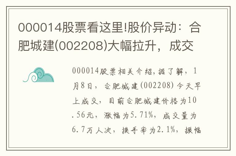 000014股票看這里!股價異動：合肥城建(002208)大幅拉升，成交大幅放量