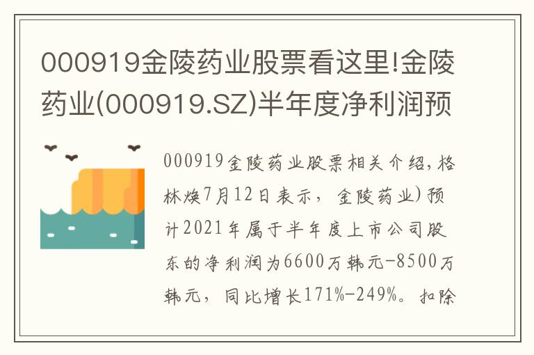 000919金陵藥業(yè)股票看這里!金陵藥業(yè)(000919.SZ)半年度凈利潤預(yù)增171%-249%