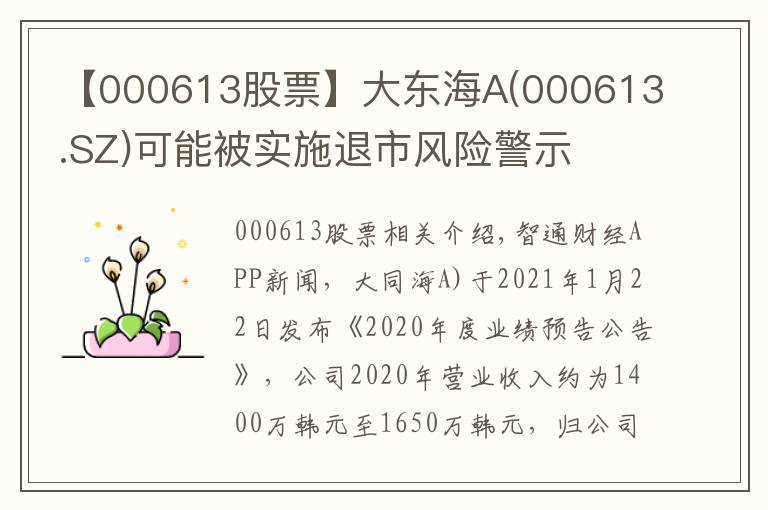 【000613股票】大東海A(000613.SZ)可能被實(shí)施退市風(fēng)險(xiǎn)警示