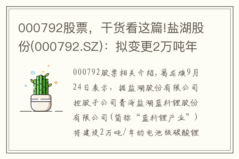 000792股票，干貨看這篇!鹽湖股份(000792.SZ)：擬變更2萬噸年電池級碳酸鋰項目貸款連帶保證責任擔保暨關聯(lián)交易