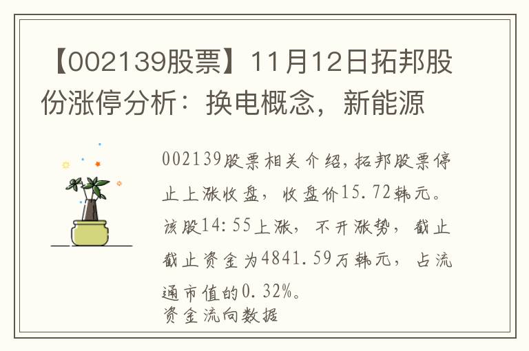 【002139股票】11月12日拓邦股份漲停分析：換電概念，新能源汽車，智慧安防概念熱股