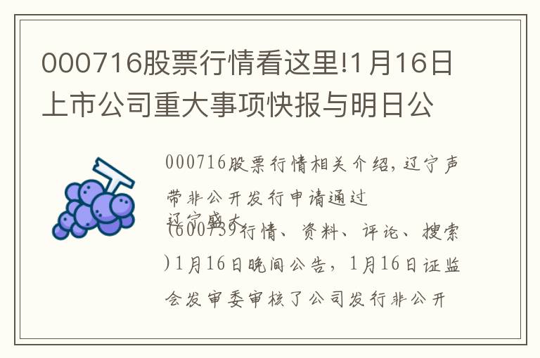 000716股票行情看這里!1月16日上市公司重大事項(xiàng)快報(bào)與明日公告提示