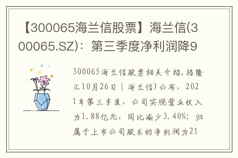 【300065海蘭信股票】海蘭信(300065.SZ)：第三季度凈利潤降93.53%至213.9萬元