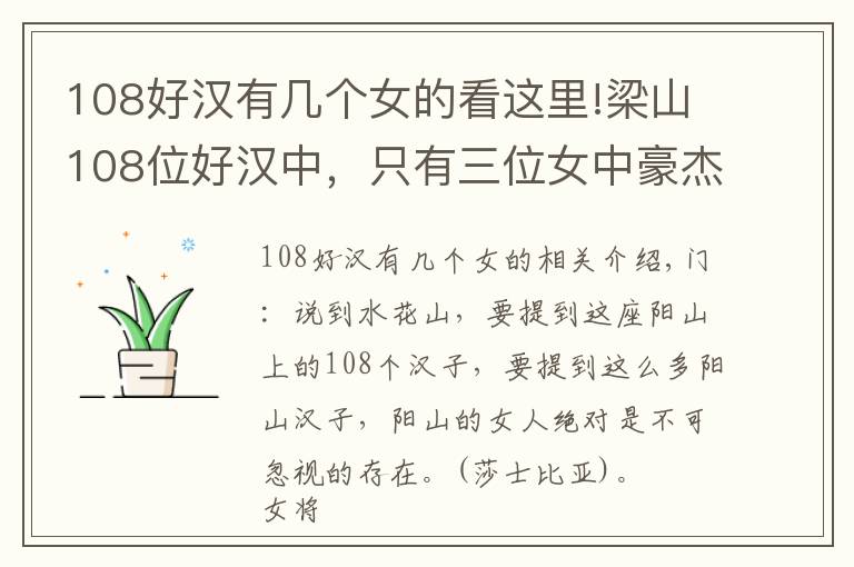 108好漢有幾個(gè)女的看這里!梁山108位好漢中，只有三位女中豪杰，她們最后的結(jié)局是怎樣？