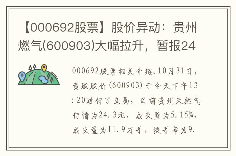 【000692股票】股價(jià)異動(dòng)：貴州燃?xì)?600903)大幅拉升，暫報(bào)24.3元