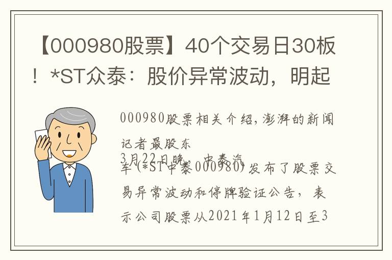 【000980股票】40個交易日30板！*ST眾泰：股價異常波動，明起停牌核查