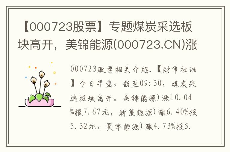 【000723股票】專題煤炭采選板塊高開，美錦能源(000723.CN)漲10.04%