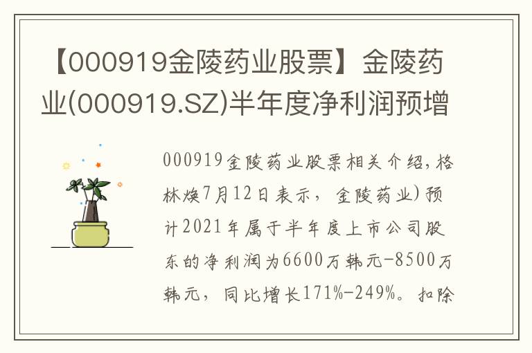 【000919金陵藥業(yè)股票】金陵藥業(yè)(000919.SZ)半年度凈利潤預(yù)增171%-249%