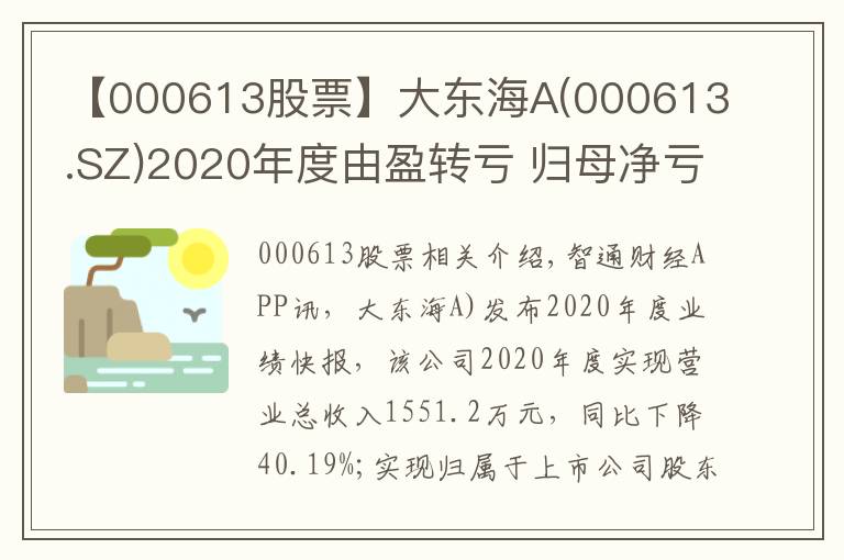 【000613股票】大東海A(000613.SZ)2020年度由盈轉(zhuǎn)虧 歸母凈虧損為1156.79萬元