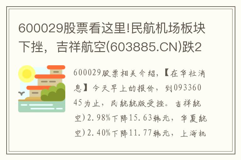 600029股票看這里!民航機場板塊下挫，吉祥航空(603885.CN)跌2.98%