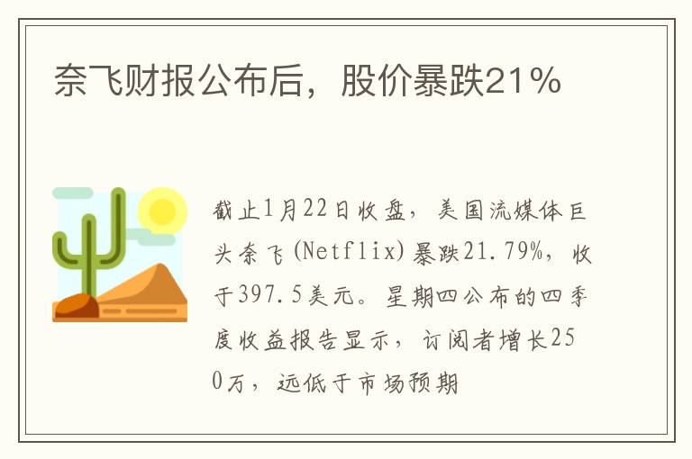 奈飛財報公布后，股價暴跌21％