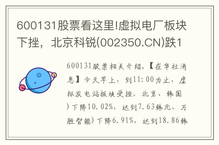 600131股票看這里!虛擬電廠板塊下挫，北京科銳(002350.CN)跌10.02%