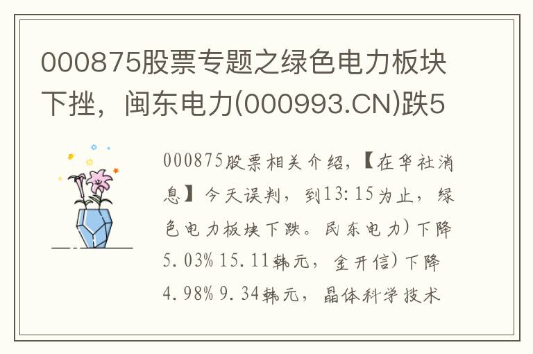 000875股票專題之綠色電力板塊下挫，閩東電力(000993.CN)跌5.03%