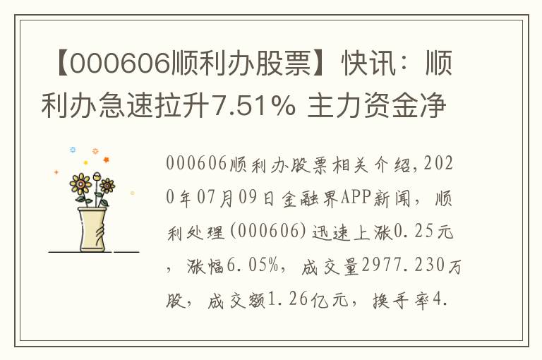 【000606順利辦股票】快訊：順利辦急速拉升7.51% 主力資金凈流出227.68萬元