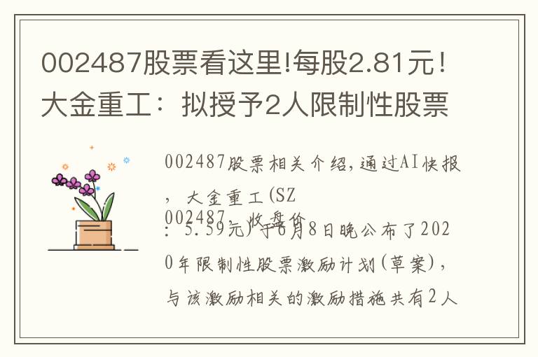 002487股票看這里!每股2.81元！大金重工：擬授予2人限制性股票500萬股