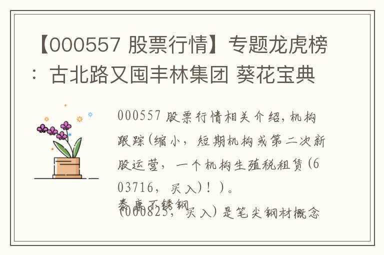 【000557 股票行情】專題龍虎榜：古北路又囤豐林集團(tuán) 葵花寶典全程拉西部創(chuàng)業(yè)