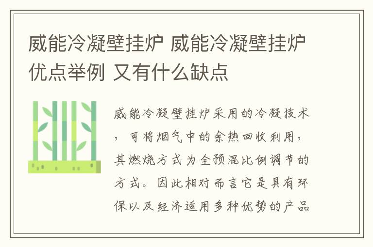 威能冷凝壁掛爐 威能冷凝壁掛爐優(yōu)點(diǎn)舉例 又有什么缺點(diǎn)